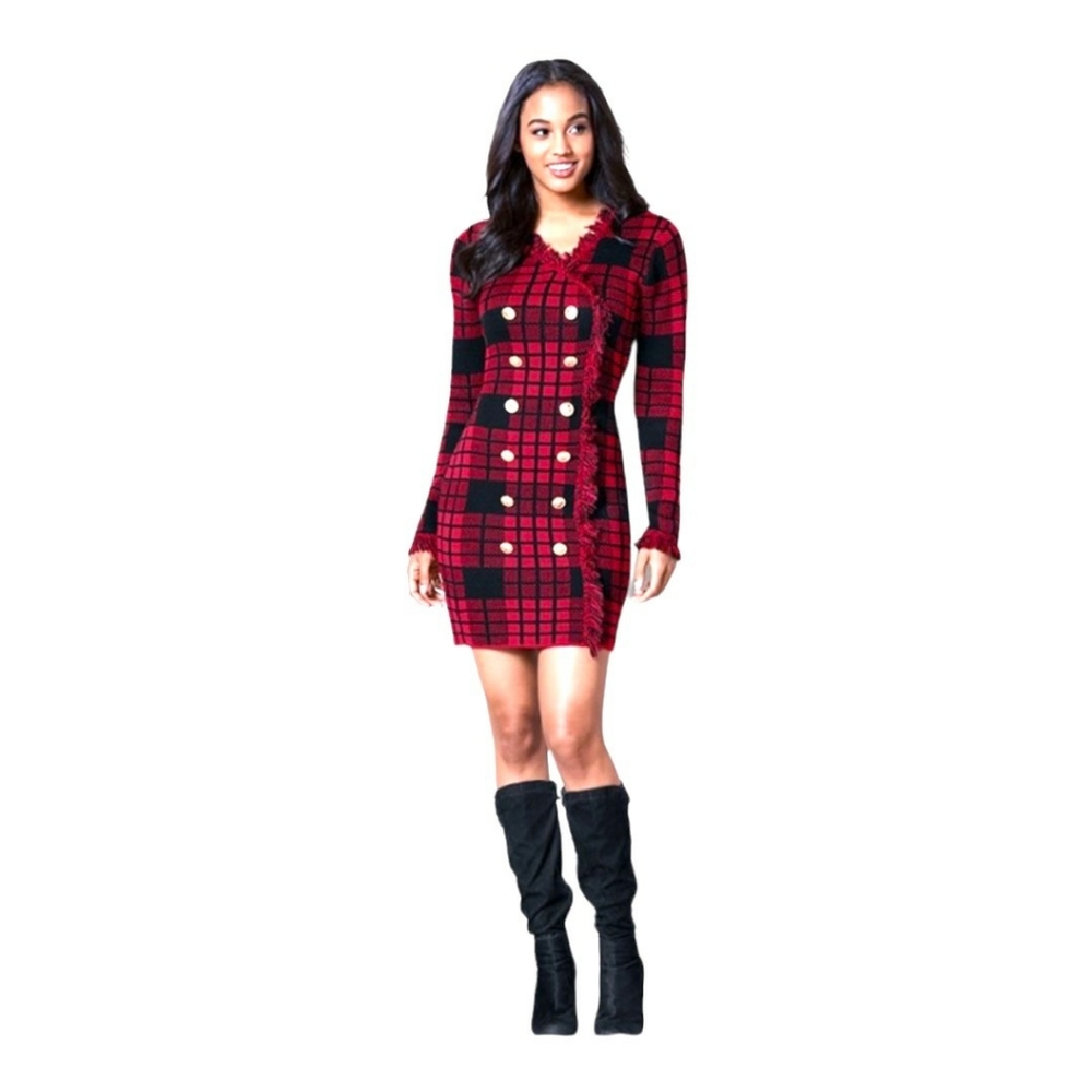 Venus tartan plaid sweaterdress red/black golden button accent Small